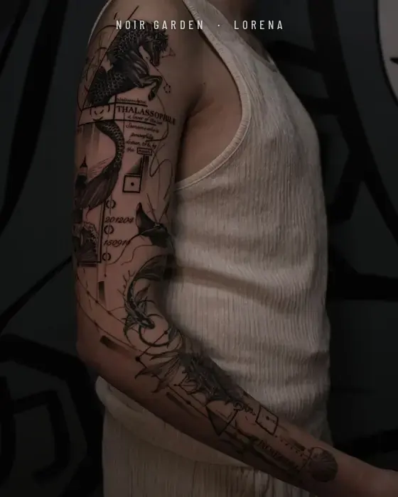 Brazo completo con caballito de mar, faro y composición geométrica marina