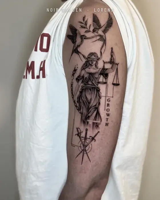 Diosa de la justicia con golondrinas y espadas en el brazo