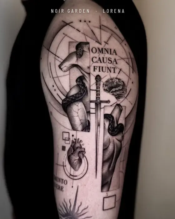 Estatua clásica con serpiente, corazón anatómico y la frase «Omnia causa fiunt»