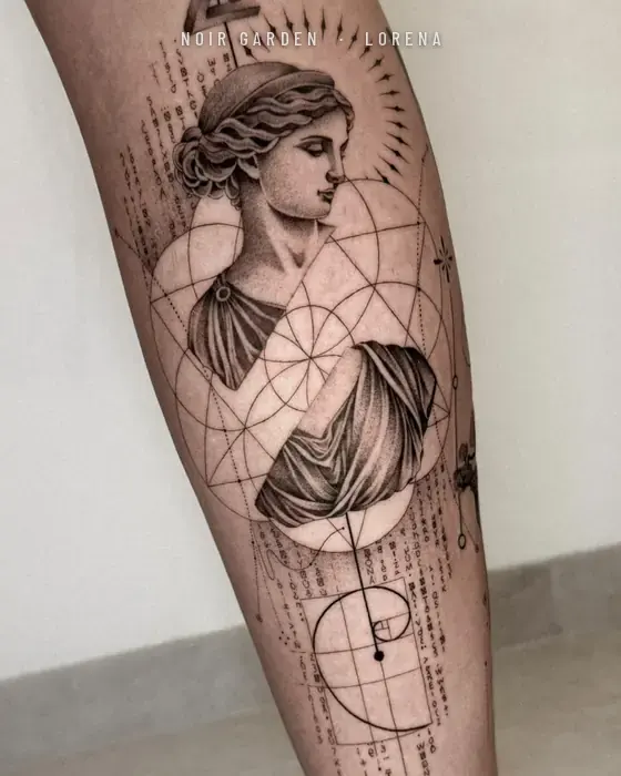 Busto clásico con geometría sagrada y espiral áurea en la pierna