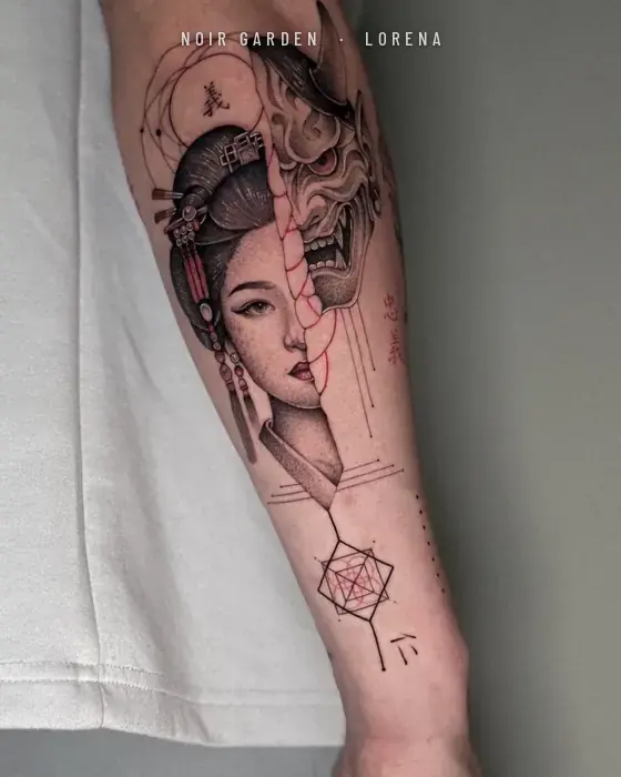 Geisha y máscara hannya con detalles en rojo