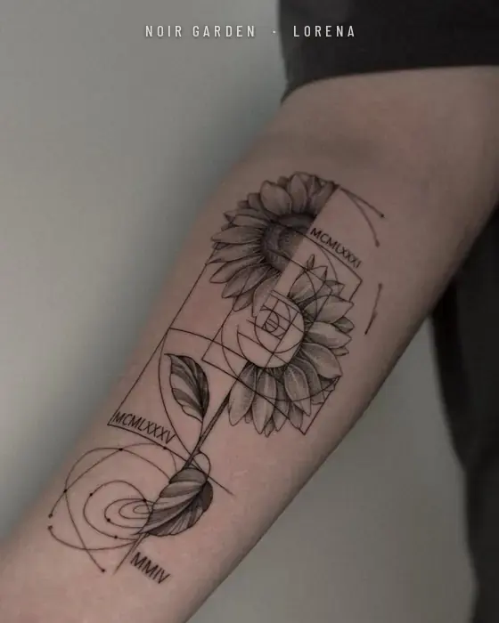 Girasol con espiral áurea y números romanos