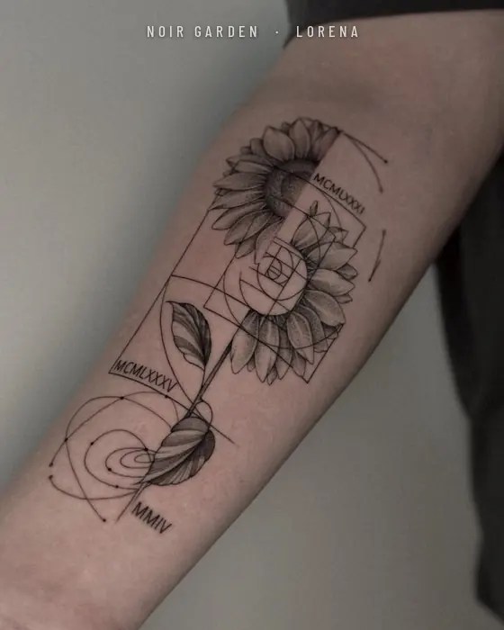 Girasol con geometría, espiral áurea y números romanos