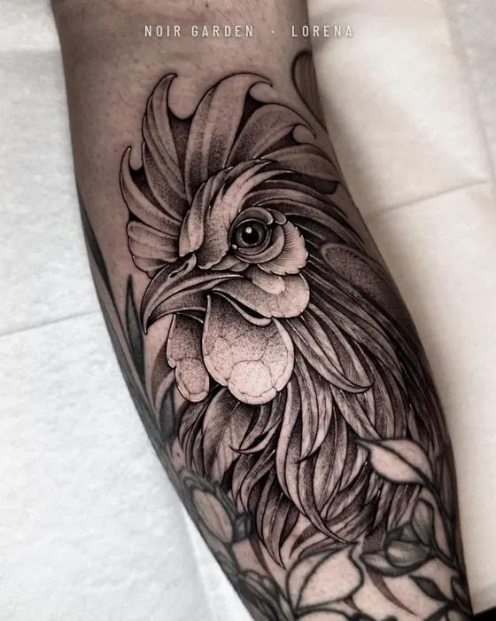Gallo con flores en el antebrazo