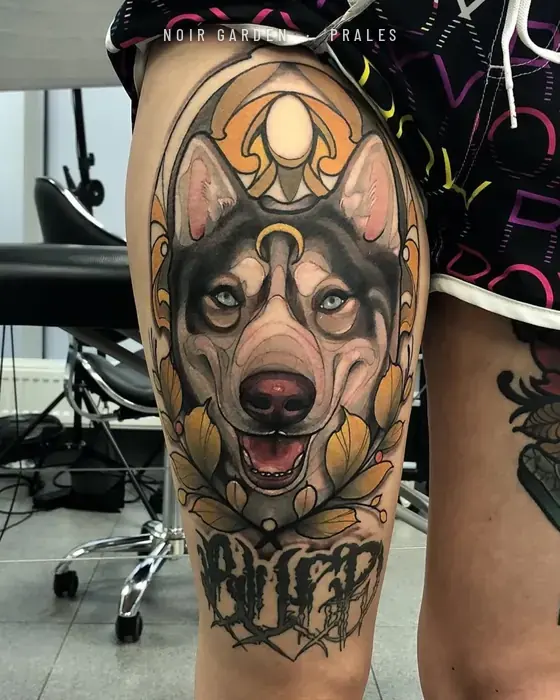 Retrato de husky con ornamentos dorados en el muslo