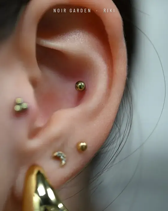 Conch, tragus y lóbulos con joyas doradas